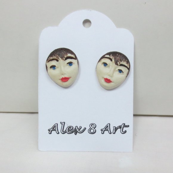 New Unique Hand Painted Lady's Face Stud Earrings - Picture 1 of 6